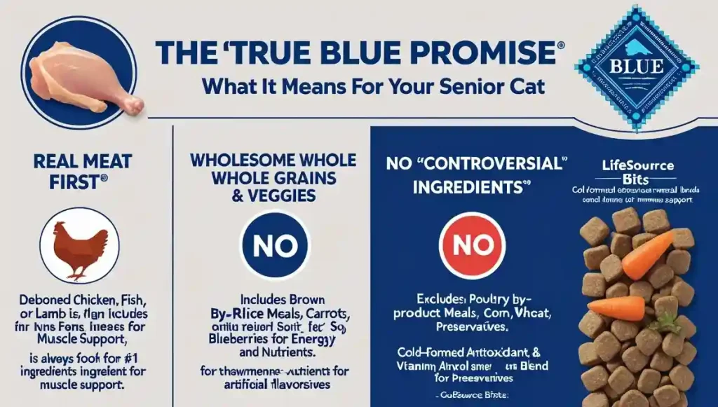 Blue Buffalo Senior Cat Food Review: Is It the Best Natural Choice? 1 Graphic explaining Blue Buffalo's True Blue Promise: Real meat first, wholesome ingredients, exclusions, and LifeSource Bits for senior cats.