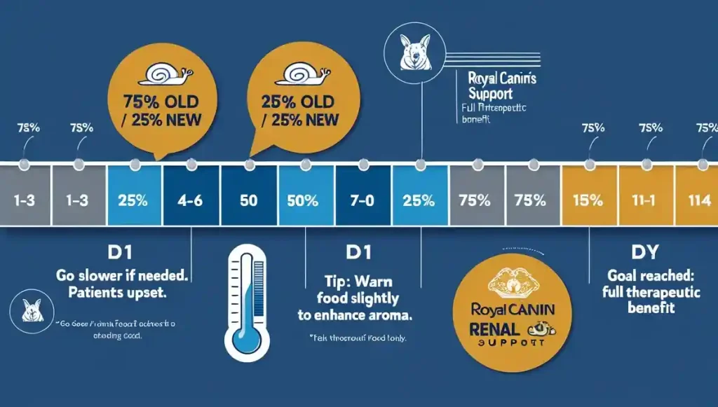 Graphic: The 14-Day Transition Guide for sensitive CKD cats. A slow, gradual introduction over at least 10-14 days is crucial to avoid gastrointestinal upset and encourage acceptance of the new therapeutic diet.