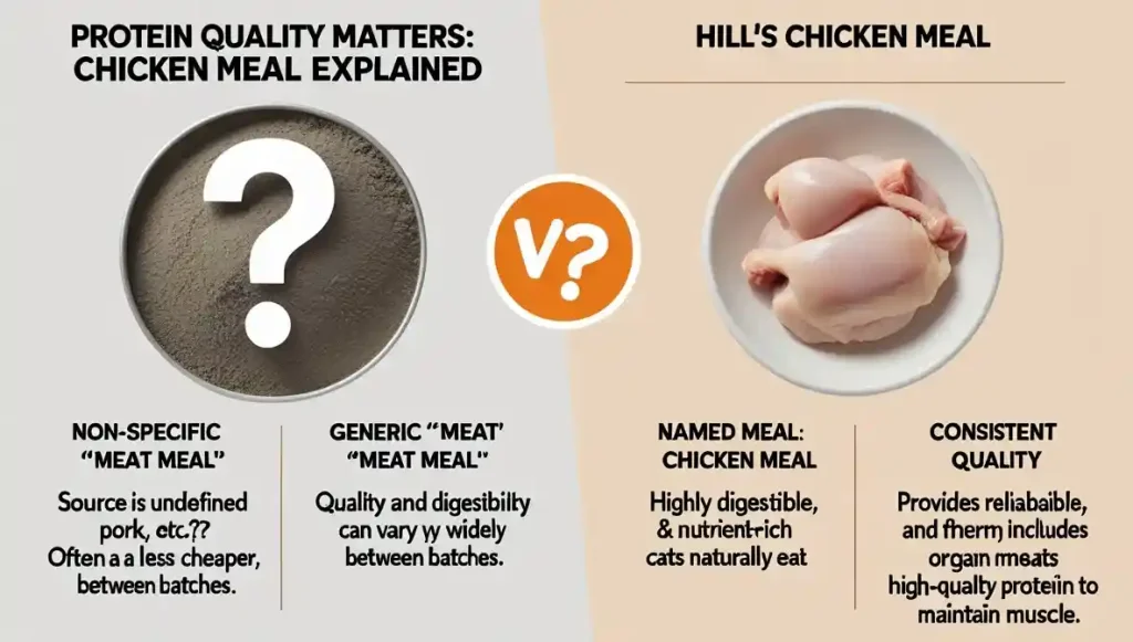 Not all "meals" are equal. A named meat meal (like Chicken Meal) is a concentrated, quality source of essential protein for senior cats.