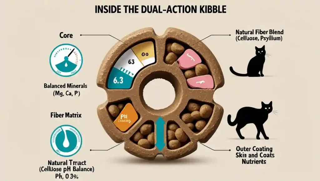 Cross-section diagram of a cat food kibble showing how it contains balanced minerals for urine pH, fiber for hairball control, and nutrients for skin health.