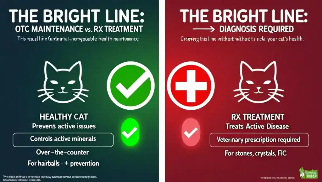 Diagram comparing over-the-counter urinary hairball food for healthy cats to prescription urinary diets for sick cats, separated by a "diagnosis required" line.