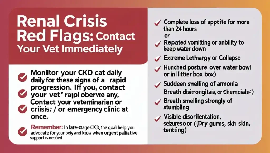 In late-stage CKD, the goal shifts to comfort. These red flags help you advocate for your cat's well-being and know when urgent palliative support is needed.