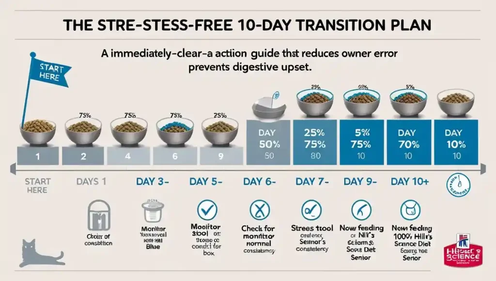 Follow this gradual transition guide over 10 days to help your cat's digestive system adapt smoothly to their new food and avoid upset.