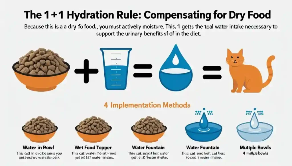 Infographic showing the 1+1 hydration rule: one portion of dry food plus one ounce of water equals a healthy, hydrated cat. Shows four ways to add water.