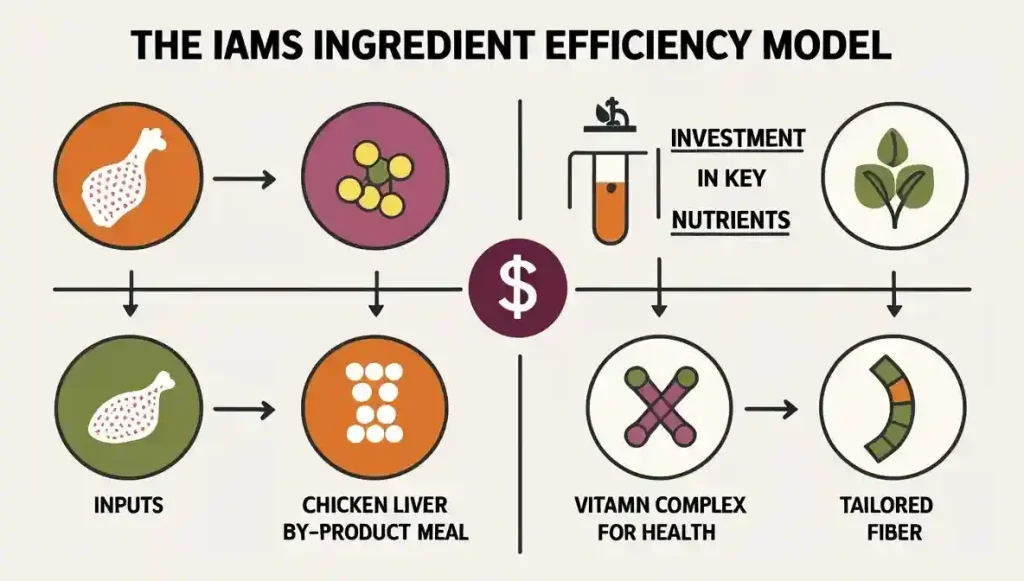Iams uses efficient, well-understood ingredients to provide complete nutrition, freeing resources to strategically invest in high-impact senior-specific nutrients like L-Carnitine.