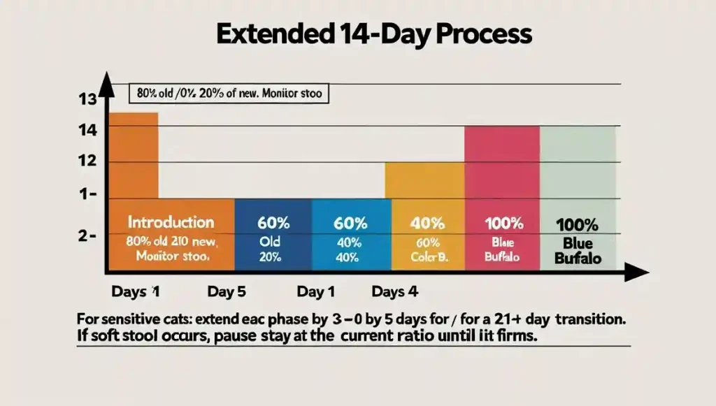 Blue Buffalo Senior Cat Food Review: Is It the Best Natural Choice? 3 14-day timeline for transitioning a cat to Blue Buffalo food, showing gradual mixing from 20% to 100% new food over two weeks.