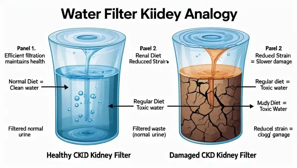 Graphic: The renal diet analogy. A failing kidney (filter) cannot handle the 'toxic load' from a regular diet. A prescription renal diet provides 'pre-filtered' nutrition, reducing strain and slowing disease progression.