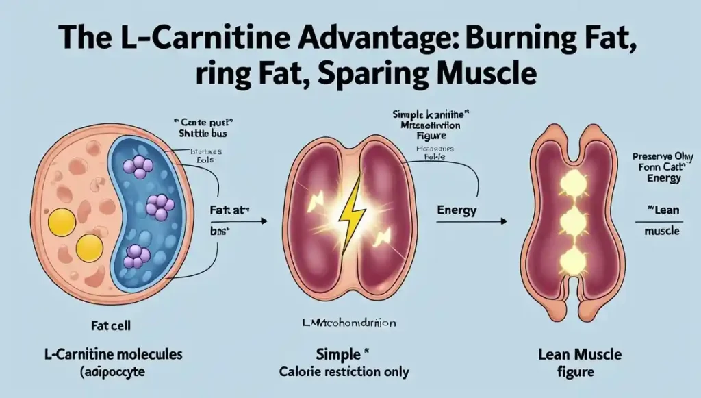 Diagram illustrating how L-Carnitine in W+U food shuttles fat from cells to mitochondria to be burned for energy, preserving lean muscle mass during weight loss.