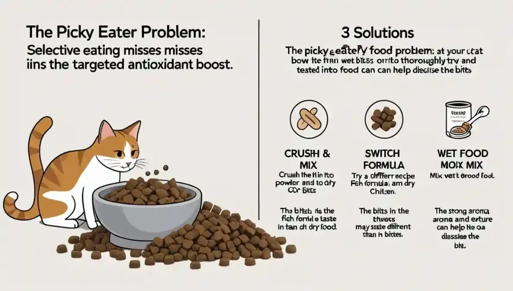 Blue Buffalo Senior Cat Food Review: Is It the Best Natural Choice? 2 Infographic showing solutions for a cat that avoids Blue Buffalo LifeSource Bits: crush them, try a different protein formula, or mix with wet food.