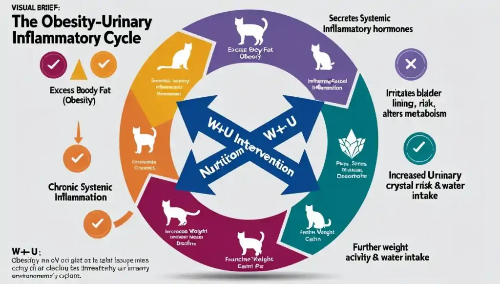 Circular diagram showing how feline obesity leads to inflammation, which increases urinary crystal risk, leading to pain and further weight gain, creating a vicious cycle broken by W+U diet intervention.