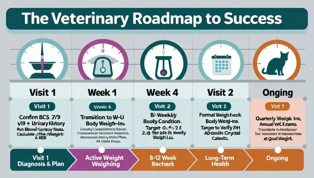 Clinical timeline graphic showing the steps for veterinary-supervised weight loss with W+U: diagnosis, bi-weekly weigh-ins, 8-week recheck with urinalysis, and ongoing monitoring.