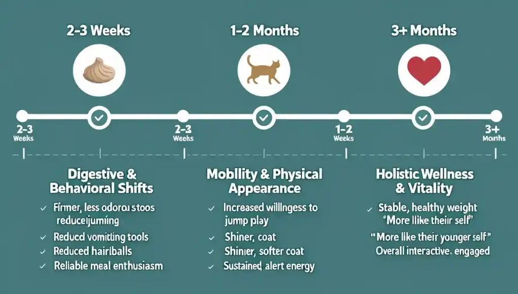 Purina Pro Plan Senior Cat Food Review (2026): A Vet's Analysis of Holistic Aging Support 3 To manage owner expectations realistically, show the progressive nature of the benefits, and provide a visual "checklist" of what to look for after switching foods. This is highly motivating and practical.