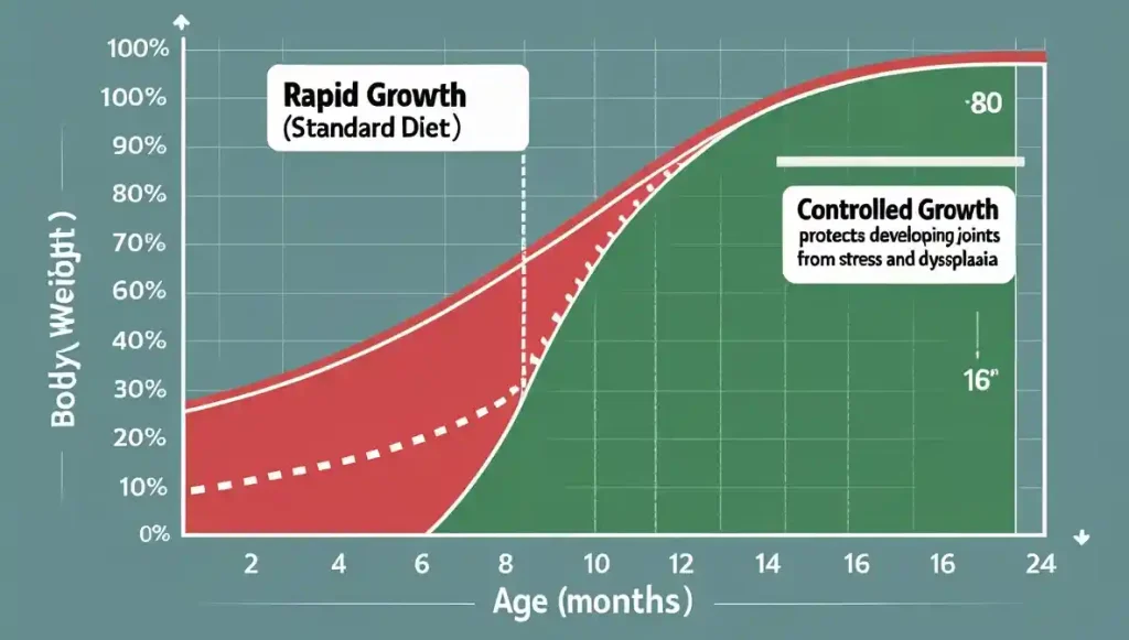 Growth chart comparison showing the slower, steadier weight gain of a giant breed puppy on a controlled diet versus the risky rapid growth on a standard diet.