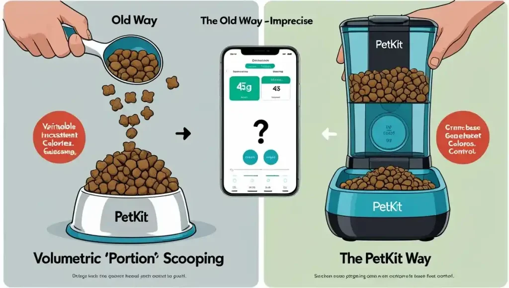 PETKIT Automatic Cat Feeder Review 2026: Why Its Airtight Seal Beats Every Other Feeder 2 Infographic: Traditional 'portion' feeding relies on inconsistent scooping (left). The PETKIT system uses gram-based app programming for exact, repeatable meal sizes that match veterinary diet plans (right).