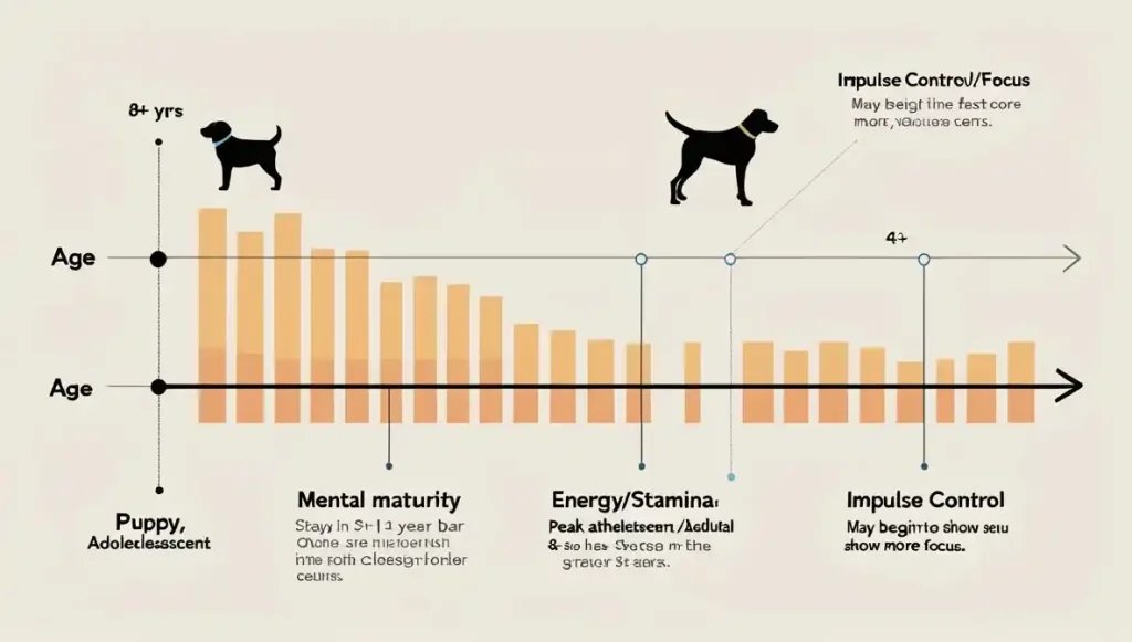 Irish Setter development timeline illustrating slow mental maturation and sustained high energy levels through adulthood.