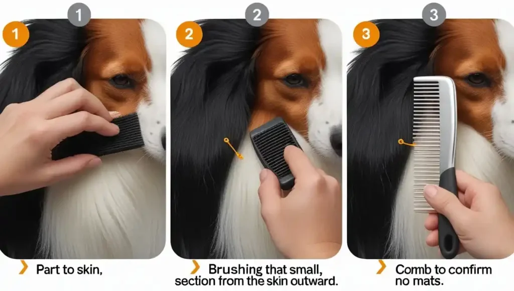 Step-by-step guide to 'line brushing' an Irish Setter's coat. Proper technique prevents painful mats by ensuring brushing reaches the skin.