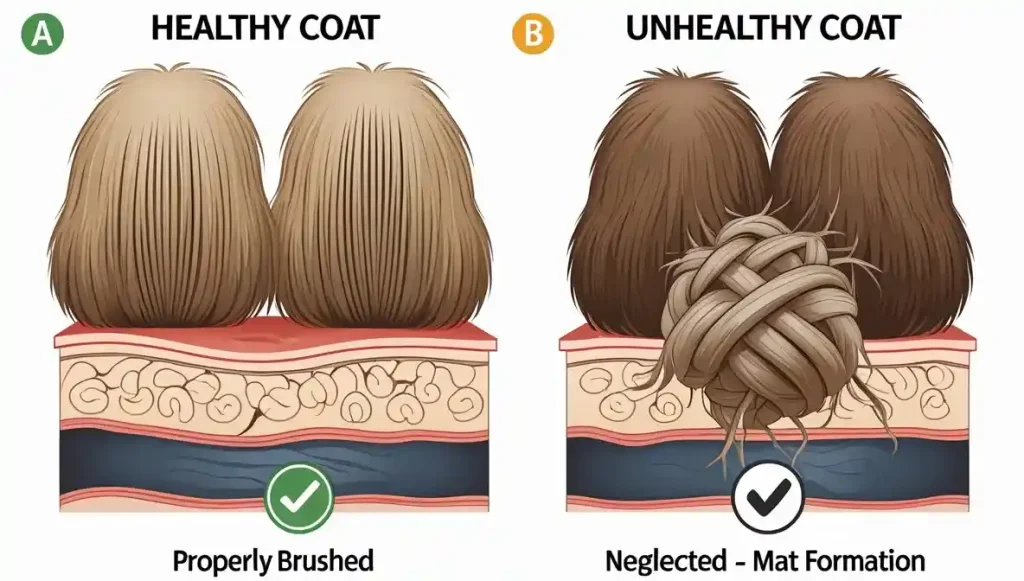 Cross-section diagram comparing a healthy, brushed Newfoundland coat to a neglected, matted coat that pulls painfully on the skin and causes infection.