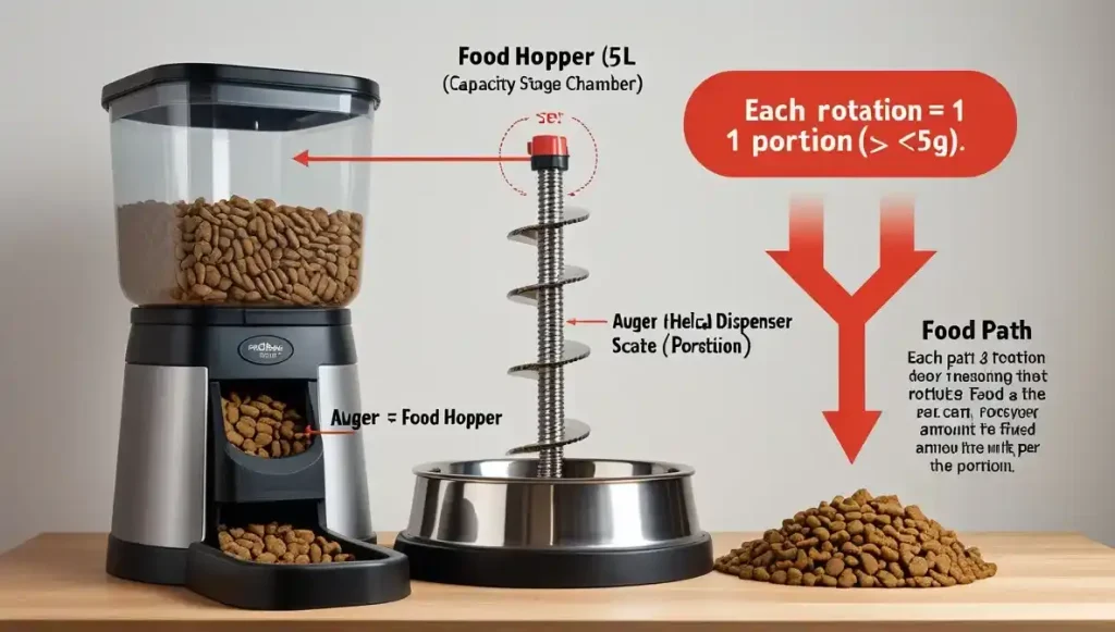 The heart of the Granary's precision: a rotating auger measures and moves a consistent volume of kibble for each programmed portion.