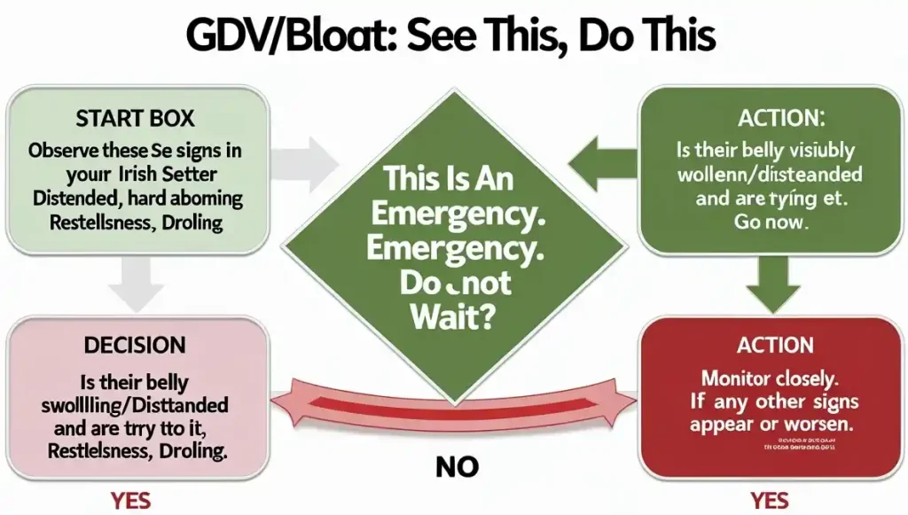 GDV/Bloat Emergency Decision Tree for Irish Setter owners. Shows critical symptoms and immediate action steps.