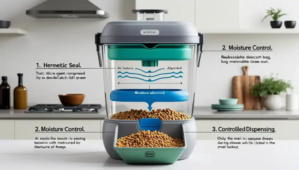 PETKIT Automatic Cat Feeder Review 2026: Why Its Airtight Seal Beats Every Other Feeder 1 Diagram: The PETKIT's three-tier freshness defense system: 1) A Hermetic Seal locks out oxygen, 2) Active Desiccant absorbs moisture, and 3) Controlled Dispensing exposes only the single meal to air."