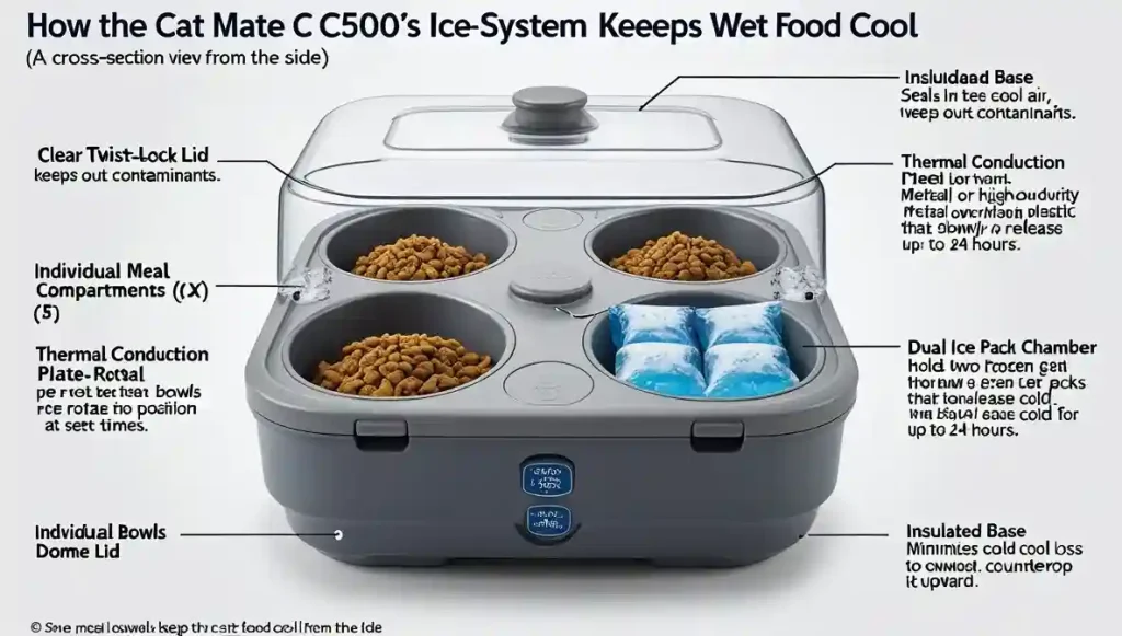 Cat Mate C500 Review: Finally, a Reliable Automatic Feeder for Wet Food (2026 Tested) 1 This diagram illustrates the passive cooling system. Frozen packs (#4) chill the plate (#3), which in turn keeps the five food bowls (#2) cool. The sealed dome (#1) maintains a chilled micro-environment, safely preserving wet food for a weekend.