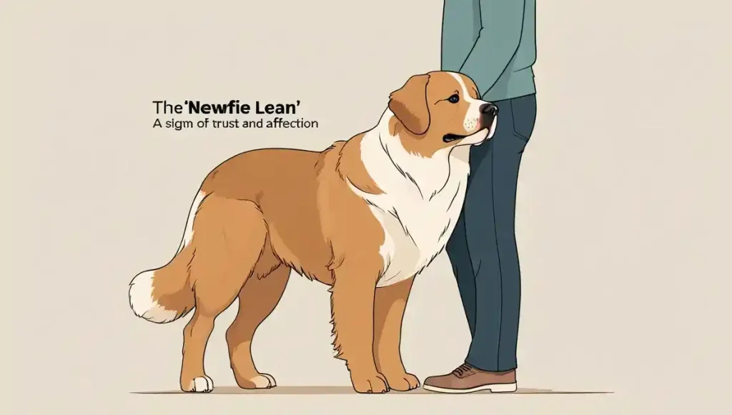 Illustration of the classic Newfoundland 'lean,' a gentle behavior where the dog presses against their person as a sign of affection and trust.