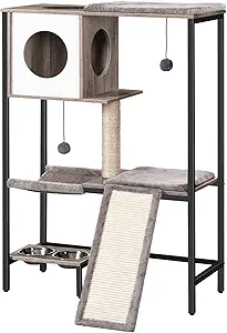 Cat Tree with Feeding Station 2026 — 5 All-in-One Towers 6 HOOBRO Wooden Cat Tree with Food bowl